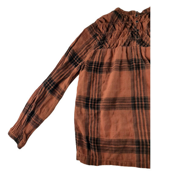Cloth & Stone Anthropologie Women's Orange Black Plaid Smocked Flannel Top S - Picture 4 of 9